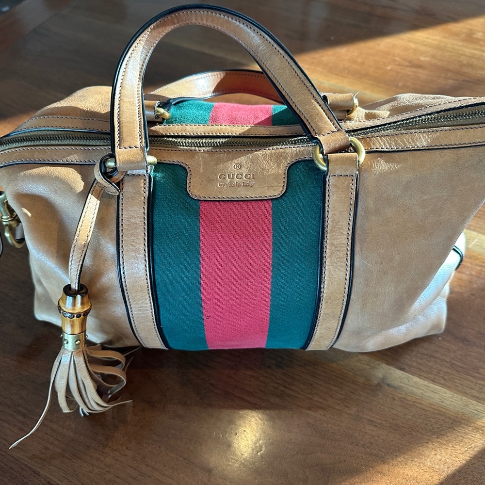 Gucci Beige Leather Satchel with Green and Red Stripes